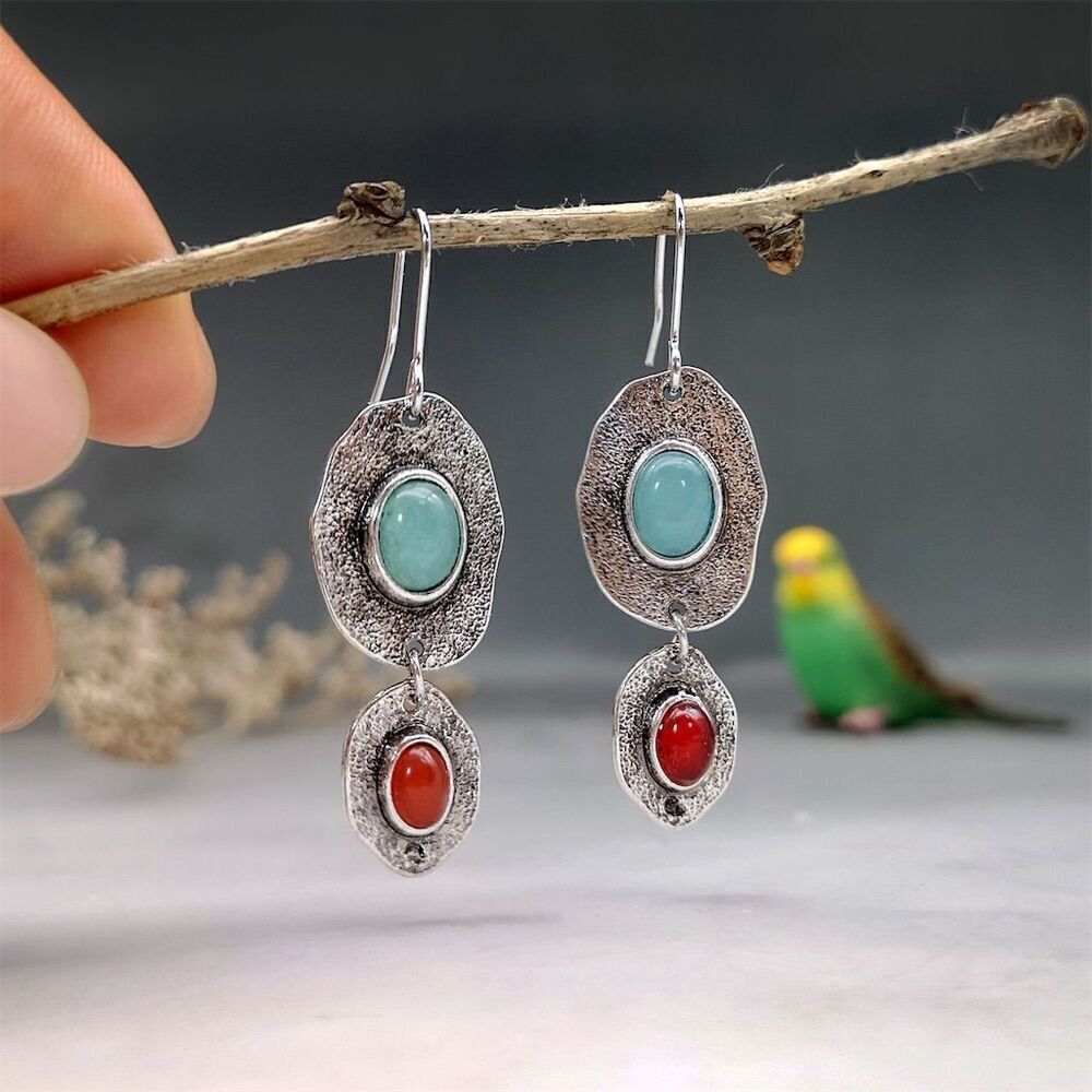 Boho Asymmetrical Dangle Earrings Faux Turquoise and Coral Beaded Silver Tone
